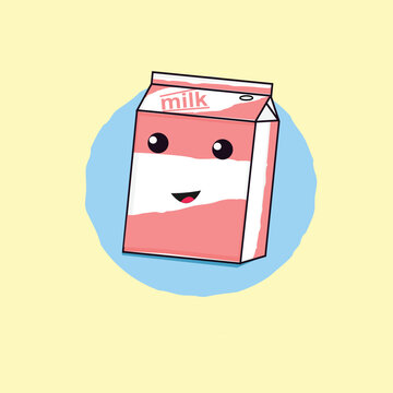 Cute cartoon milk box character. Kawaii milk carton with drinking straw and smiling face. Isolated vector clip art illustration.