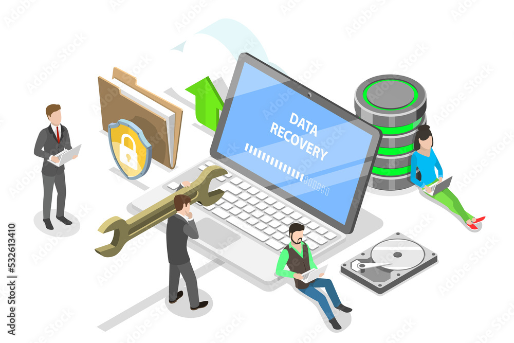 Poster isometric flat concept of data recovery services, data backup.