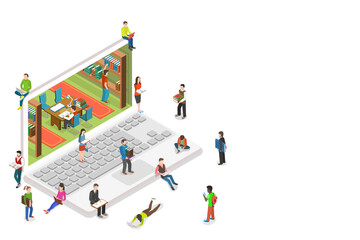 Isometric flat  concept of online library, education, reading.