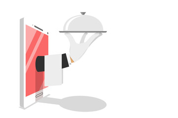 Flat isometric  concept of table online reservation, mobile booking.