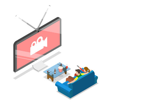 Isometric flat  concept of smart TV, home entertainment, movie online.