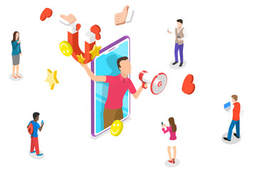 Fototapeta premium Isometric flat concept of social media influencer, digital marketing.