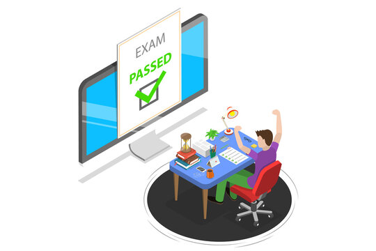 Isometric flat  concept of passed online exam, questionnaire form.