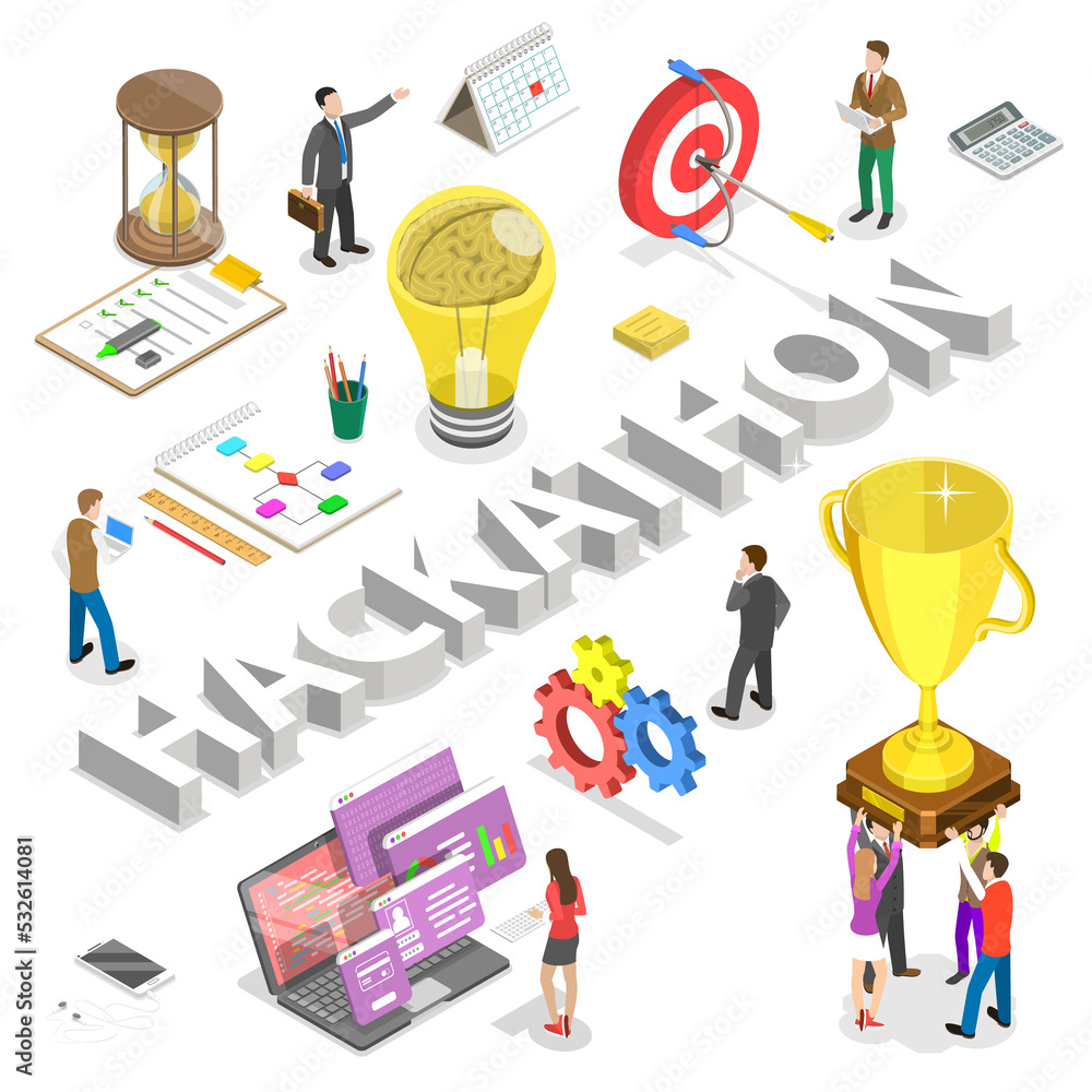 Poster isometric flat concept of hackathon, hack marathon coding event.
