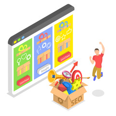 Flat isometric  concept of SEO package choosing, search engine ranking.