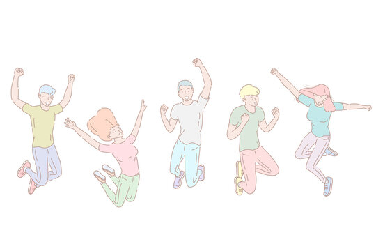 Hand drawn style  illustration of jumping happy people, team success.