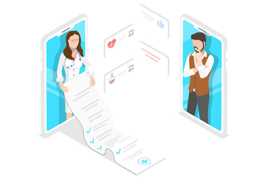 Isometric Flat  Concept of Online Diagnosis, Remote Patient Consultation.
