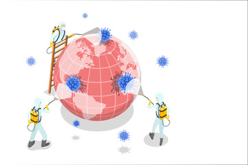 3D Isometric  Concept of Scientists are Disinfecting Coronavirus Cells.