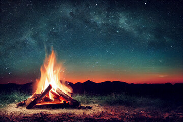 Campfire with the night sky, illustration of stars and fire