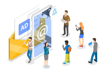 3D Isometric Flat  Concept of Newsletter and Subscription.