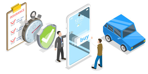 3D Isometric Flat  Concept of Mobile Car Insurance App, Auto Financial Protection