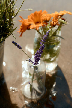 Orange calendula and lavender flower in glass jar on the sandy beach