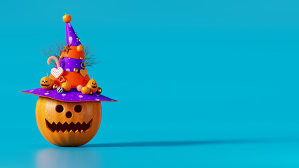3d rendering happy halloween, pumpkin head put on a hat on blue sky background, horizontal view, October 31st, copy space, text message or banner template design for product display
