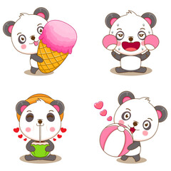Fototapeta premium Cute panda summer season feeling hot, playing beach ball, eating ice cream, drinking coconut. Adorable animal cartoon character. Isolated white background. Vector illustration.