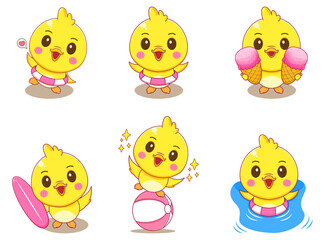 Set cute adorable Duck Summer activities. Kawaii animal Cartoon character. Summer Concept design. Vector art illustration. Isolated white background