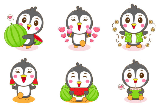 Set Cute penguin cartoon summer activities. Kawaii animal character. Vector art illustration. Isolated white background.
