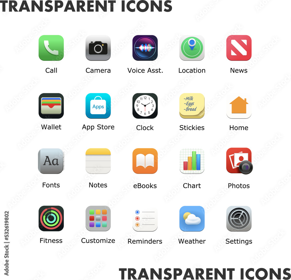 Poster transparent icons for web and mobile applications set. desktop icon pack. premium smartphone app sho