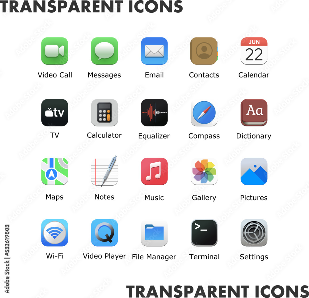 Poster transparent icons for web and mobile applications set. desktop icon pack. premium smartphone app sho