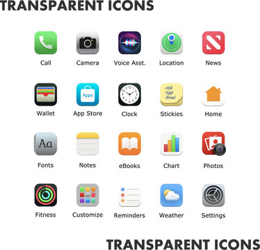 Transparent icons for web and mobile applications set. Desktop icon pack. Premium smartphone app shortcuts. Linux theme. Vector illustration. No background PNG.