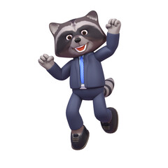 Fototapeta na wymiar 3d render of raccoon in business suit celebrating, jumping in joy
