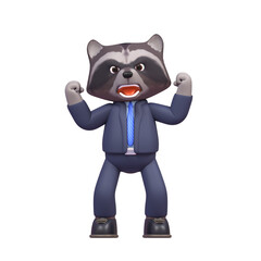 3d render of raccoon in business suit angry, shouting in rage