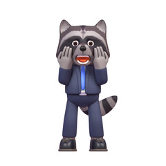 3d render of raccoon in business suit showing surprised, shocked expression, emotion