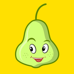Smiling cute pear fruit, clip art isolated on yellow background suitable for sticker print design, illustration or collection.