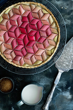 Geometric rhubarb tart, overhead view