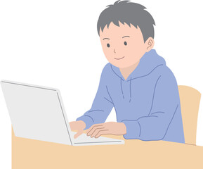 パソコンで勉強をする生き生きした表情の男子学生