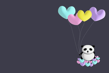 panda holding balloons of different colors on purple background