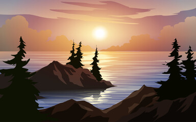 Beautiful sea landscape in the beach on sunset with trees and rocks.