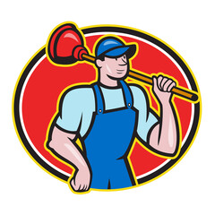 Plumber Holding Plunger Cartoon