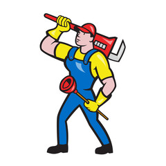 Plumber Carrying Wrench Plunger Cartoon