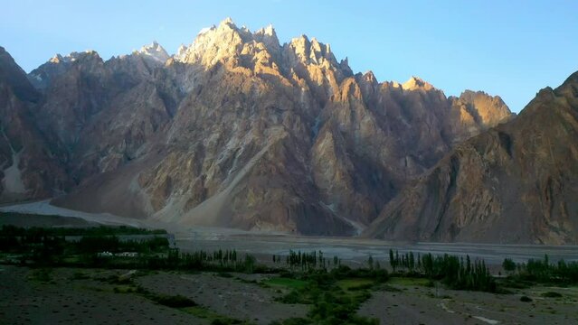 Wide aerial shot of Passu Cones  Pakistan, epic wide panning drone shot