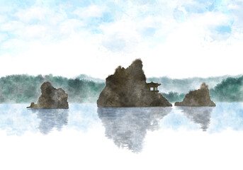 수채화와 수묵화 분위기의 동양 풍경 산수화 디자인 배경 이미지.