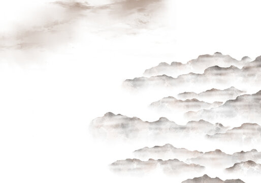 수채화와 수묵화 분위기의 동양 풍경 산수화 디자인 배경 이미지.