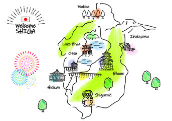 滋賀県の観光地のシンプル線画イラストマップ