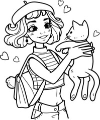 teen girl with a kitten in her arms coloring book