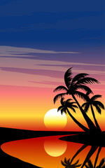 Sunset illustration with coconut trees in silhouette and river.
