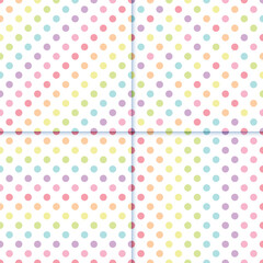 set of 4  pastel rainbow polka dot seamless pattern  in striped, diagonal and random arrangement, vector illustration