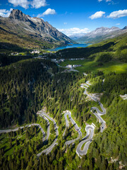 Aerial Image Of Maloja Village And Mountain Pass Road, Engadin, Switzerland - obrazy, fototapety, plakaty