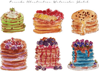 a set of hand drawn pancake watercolor sketch