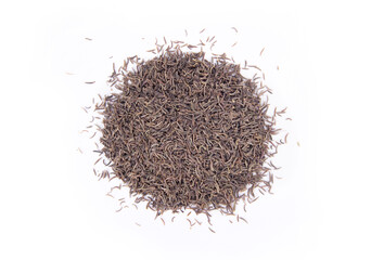Kala Jeera or Black Cumin in Heap or Pile that is Isolated on White in Top Down or Flat Lay or Birds Eye View