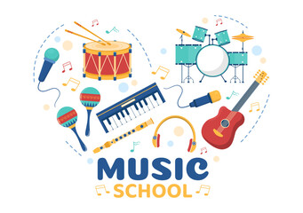 Music School Template In Hand Drawn Cartoon Flat Illustration Playing Various Musical Instruments, Learning Education Musicians and Singers