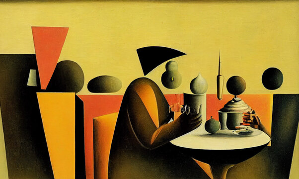 Abstract People Eating At Restaurant. Geometric Shapes, Giorgio De Chirico.