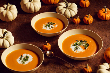 Pumpkin soup, traditional fall meal recipe idea, food photography, illustration