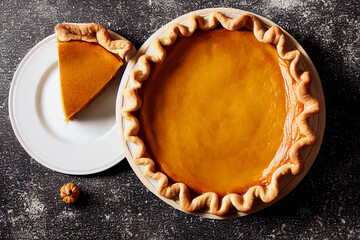 Homemade Thanksgiving pumpkin pie fall recipe, food photography and illustration - obrazy, fototapety, plakaty