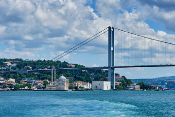 Naklejka premium Mosque Ortakoy and bridge on the shore of the Bosphorus Strait in the Besiktash area in Istanbul