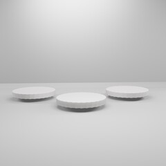 3d render of three white color podium floating in studio. Sun light shadow. Pedestal or podium for product or cosmetics. Mock up stand
