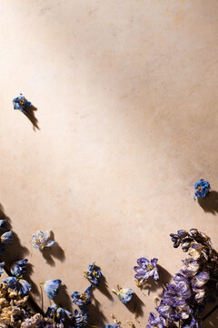 Rustic Flatlay Blue Floral and Warm Stone Background